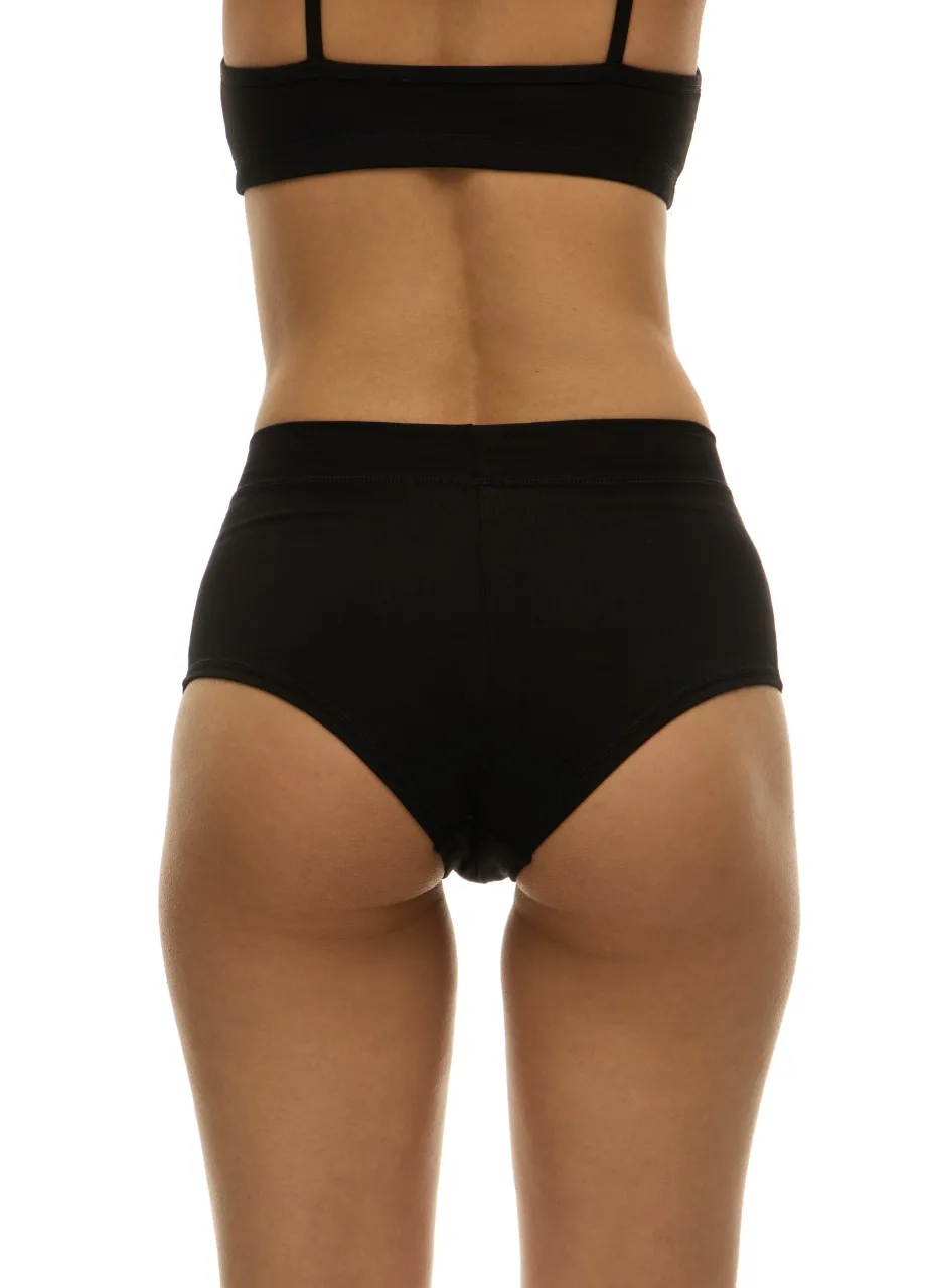 WP61126 › Str/Cd Wear Rear view of a person wearing a black sports bra and black high-waisted underwear against a white background, showing the back and hips.