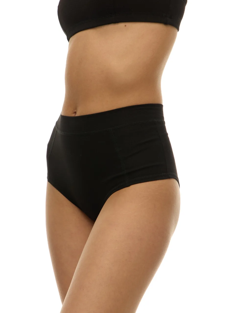 WP61129 › Str/Cd Wear Side view of a person wearing black high-waisted underwear and a matching black top, shown from the torso down to mid-th thigh.