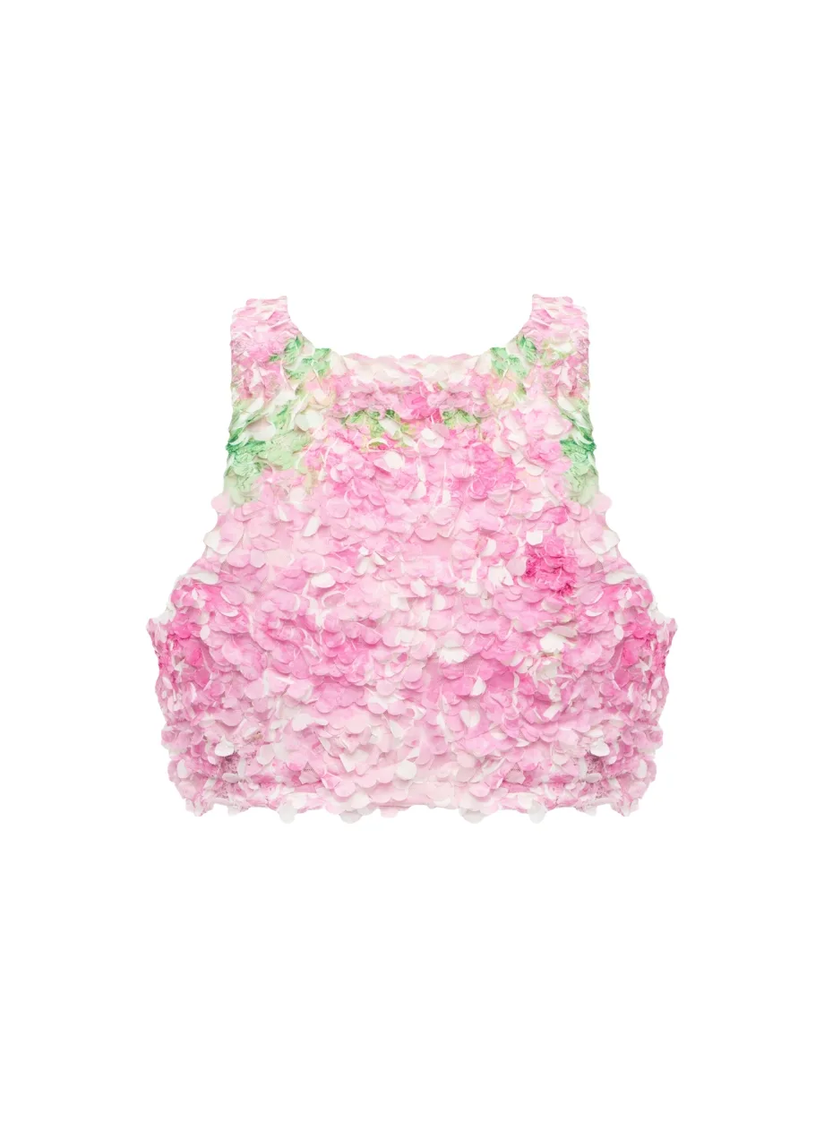 3 › Str/Cd Wear Pink petal-embellished sleeveless top with green accents at the shoulders.