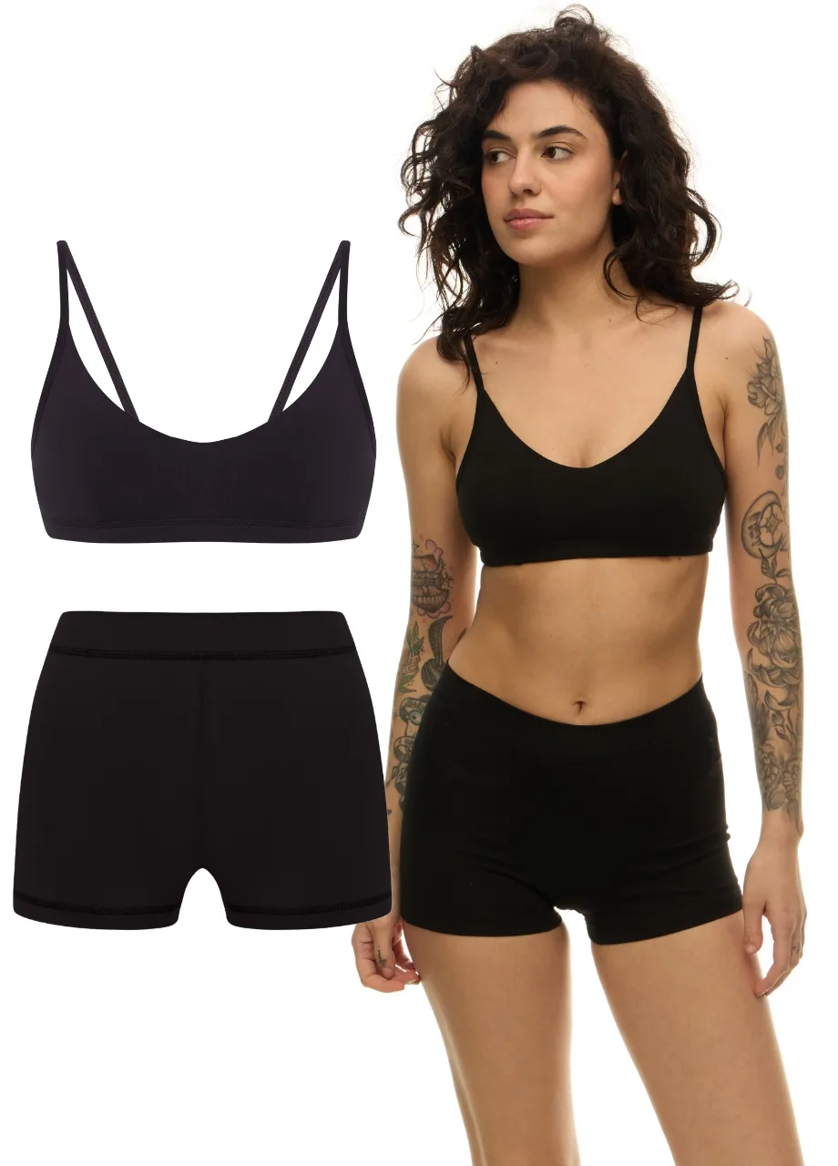 4 › Str/Cd Wear Model wearing a black bralette-style sports bra and matching black seamless shorts; product set shown with separate top and bottom.